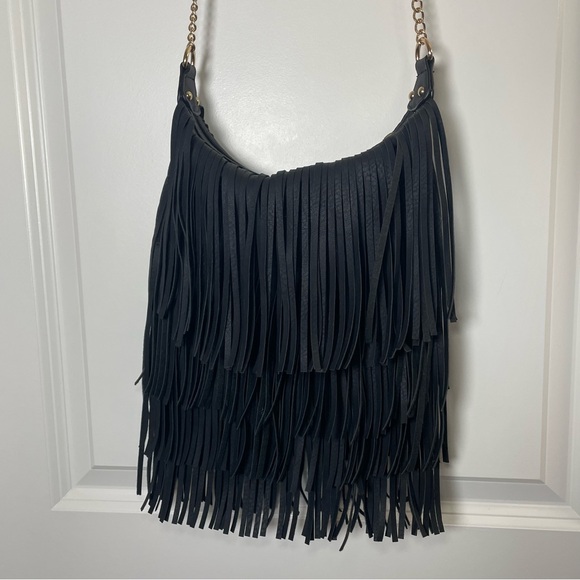 Cato Black Fringe Crossbody Bag Boho Tassel Faux Leather Festival - Picture 7 of 10